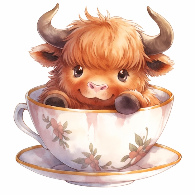 Photo there is a cow sitting in a teacup with a flowered cup generative ai