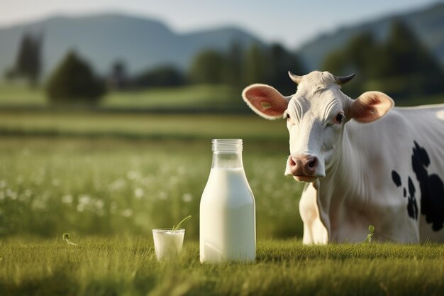 Foto c'è una mucca in piedi in un campo accanto a una bottiglia di latte generativo ai