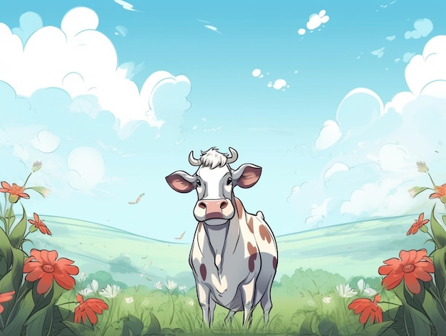 空の背景にある花の畑に牛が立っています