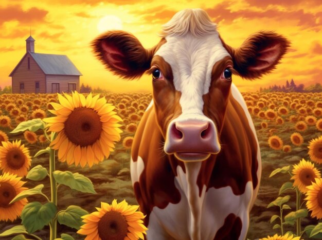 There is a cow standing in a field of sunflowers with a barn in the background generative ai