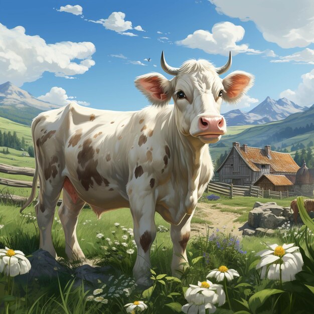 There is a cow standing in a field with flowers and a barn generative ai