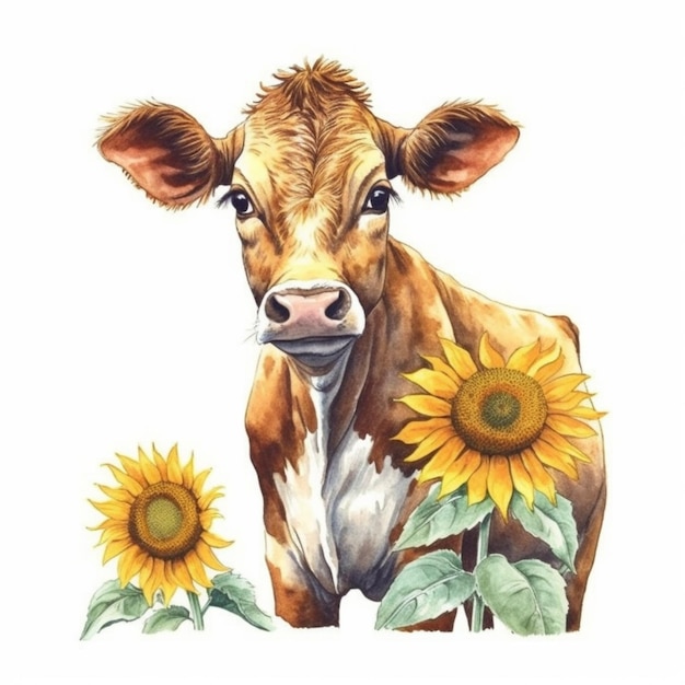 There is a cow standing next to a sunflower on a white background generative ai