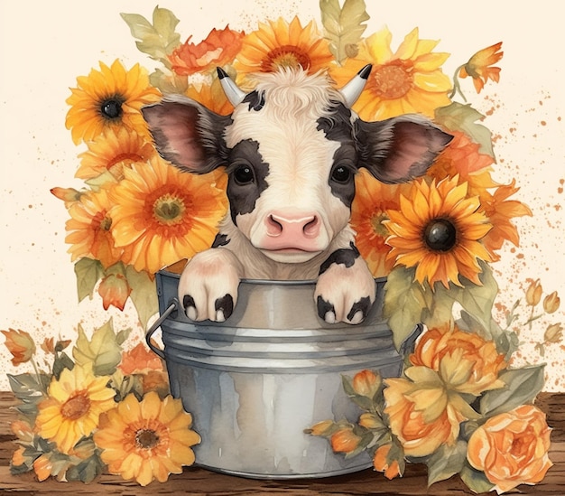 there is a cow that is sitting in a bucket with flowers generative ai