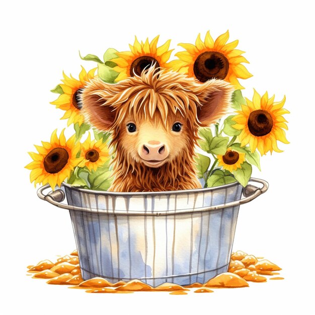 Foto c'è una mucca che è seduta in un secchio con girasoli generativi ai