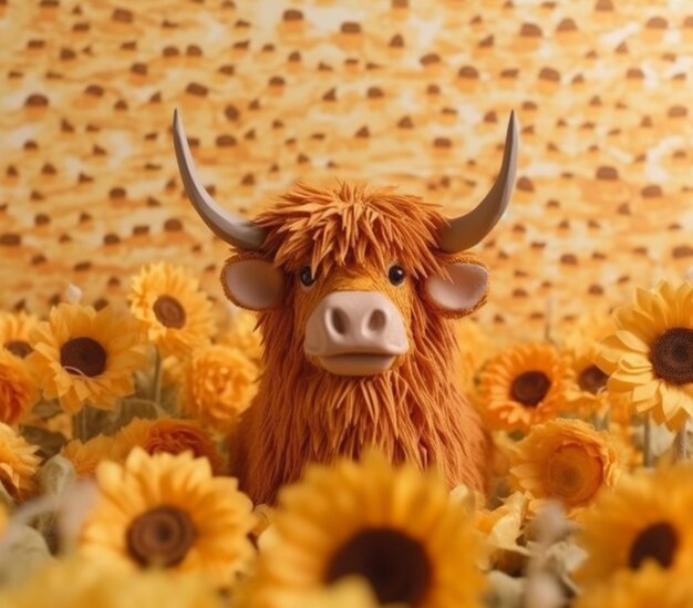 There is a cow that is standing in a field of sunflowers generative ai