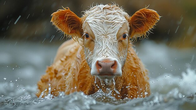 Photo there is a cow that is standing in the water in the rain generative ai