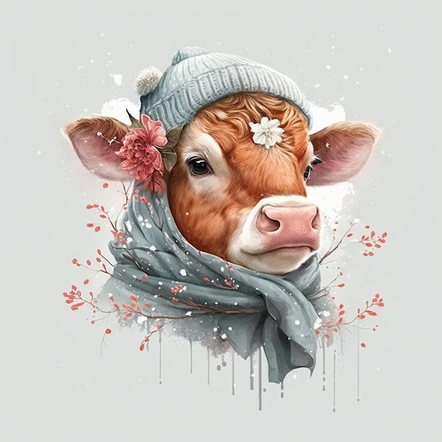 There is a cow wearing a scarf and a hat generative ai