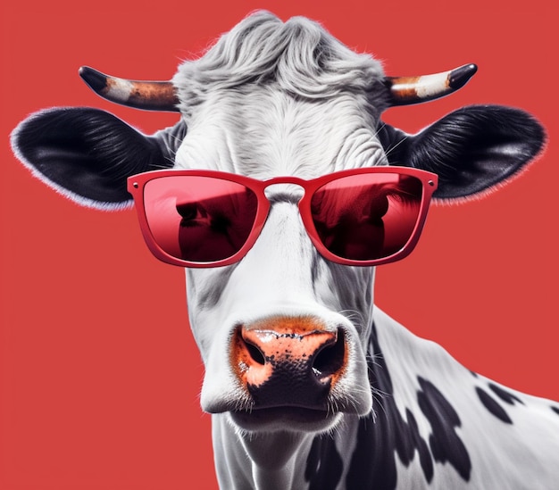 There is a cow wearing sunglasses and a red background generative ai