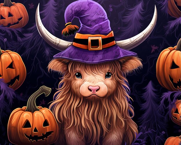 there is a cow wearing a witch hat surrounded by pumpkins generative ai