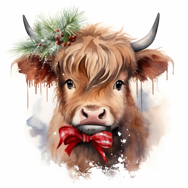there is a cow with a bow tie and a christmas hat generative ai