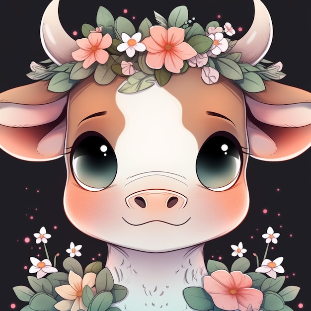 Photo there is a cow with a flower crown on its head ai generative