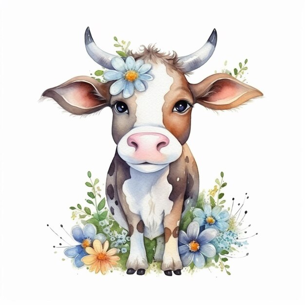 Photo there is a cow with a flower crown on its head generative ai