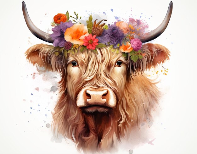 Photo there is a cow with a flower crown on its head generative ai