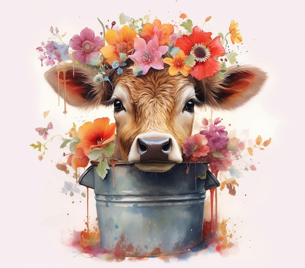 there is a cow with a flower crown on its head generative ai