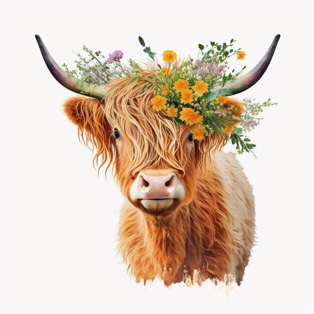 there is a cow with a flower crown on its head generative ai