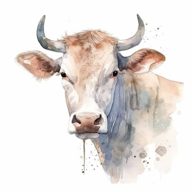 There is a cow with horns and a blue nose generative ai