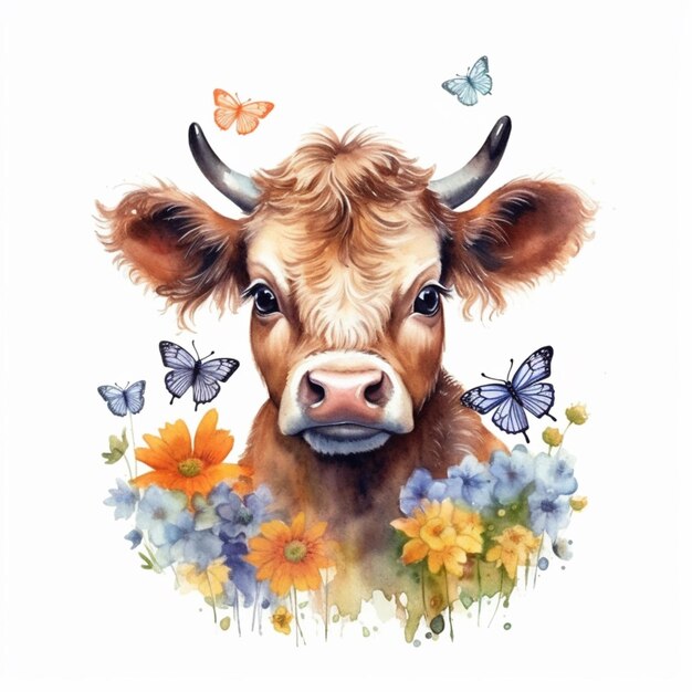 there is a cow with horns and a butterfly on its head generative ai