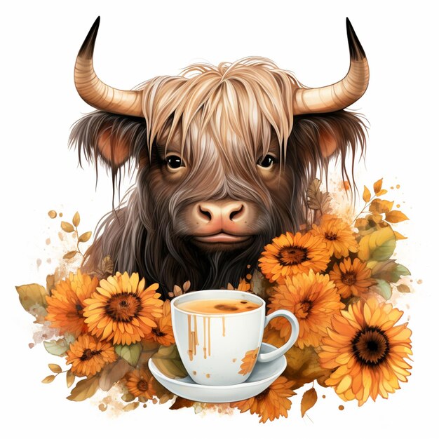 there is a cow with horns and a cup of coffee generative ai