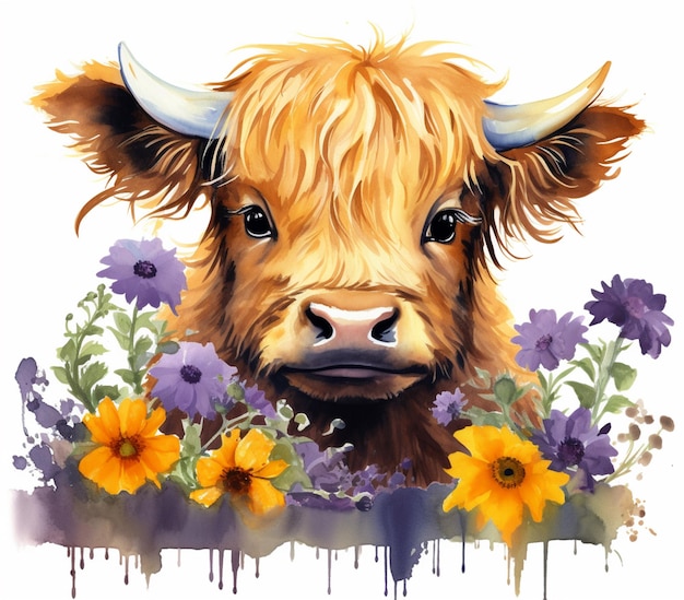 There is a cow with horns and flowers in the background generative ai