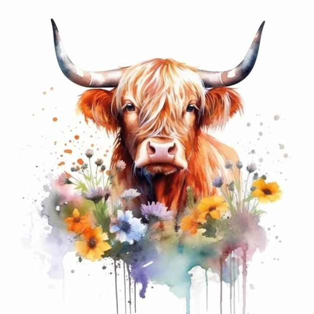 There is a cow with horns and flowers in the foreground generative ai