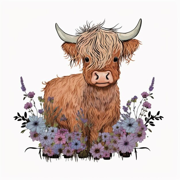 Photo there is a cow with horns and flowers in the grass generative ai