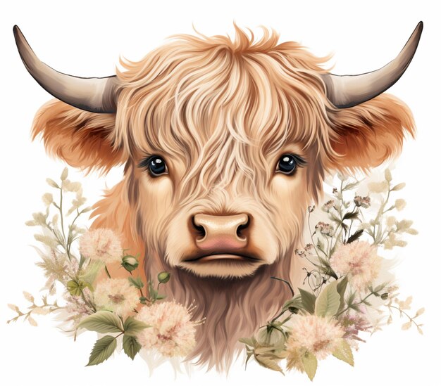 There is a cow with horns and flowers on its head generative ai