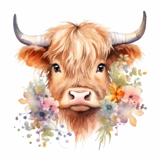 Корова с рогами и цветами на голове генеративный ай