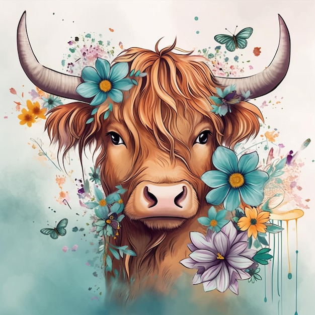 There is a cow with horns and flowers on its head generative ai