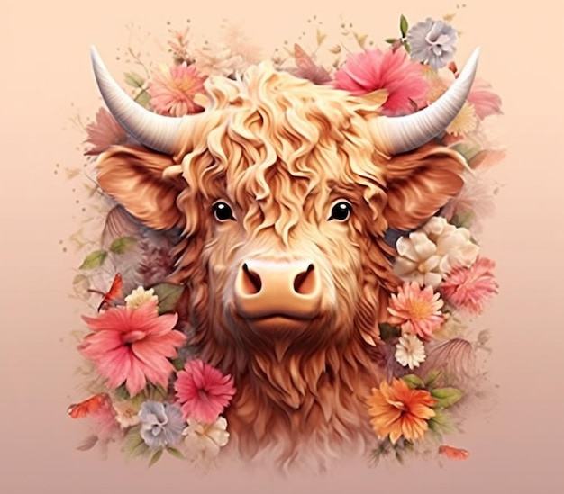 Photo there is a cow with horns and flowers on its head generative ai