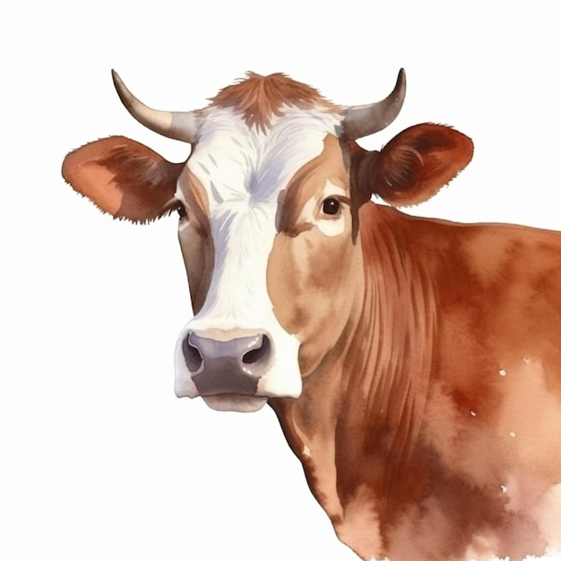 There is a cow with horns and a white face generative ai