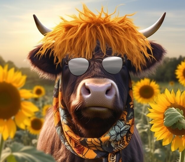 There is a cow with a scarf and sunglasses on in a field of sunflowers generative ai