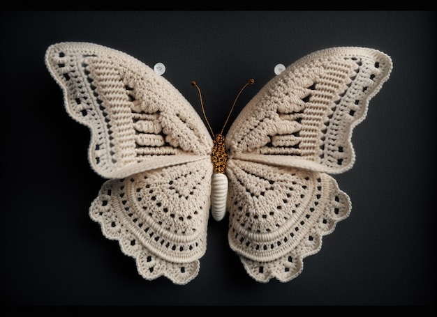 There is a crocheted butterfly with a gold and white decoration generative ai