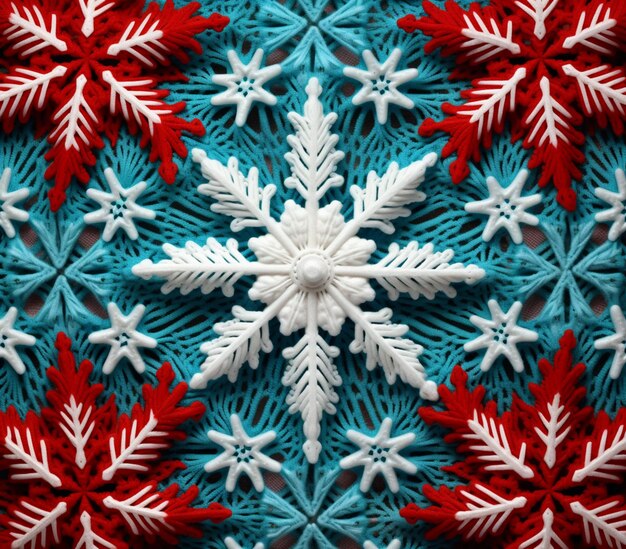 There is a crocheted snowflake with red and white snowflakes generative ai