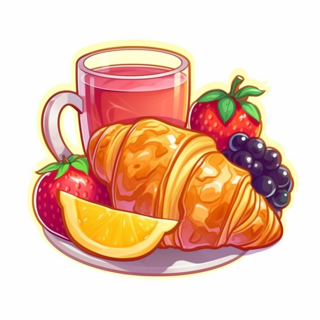 there is a croissant and a cup of juice on a plate generative ai