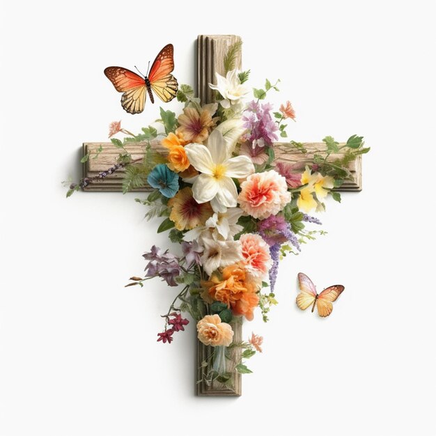 Photo there is a cross made of flowers and a butterfly on it generative ai