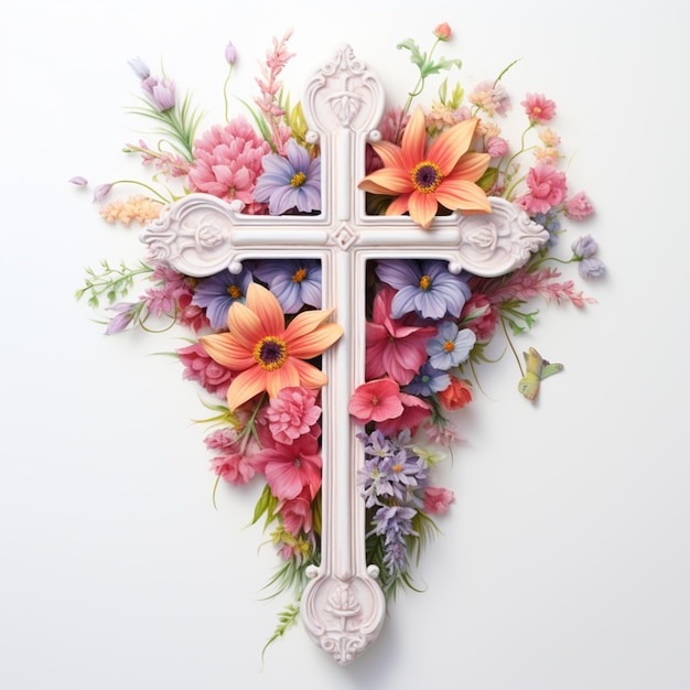 Photo there is a cross made of flowers and a white frame generative ai