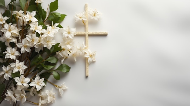 there is a cross made of sticks and flowers on a white surface generative ai