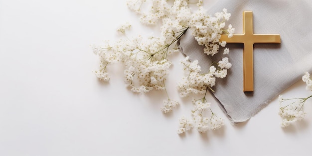 There is a cross on a napkin with flowers on it generative ai