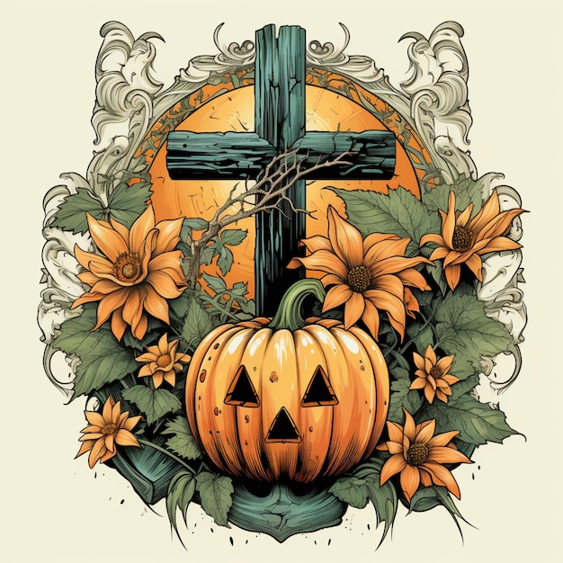Photo there is a cross and a pumpkin with sunflowers around it generative ai
