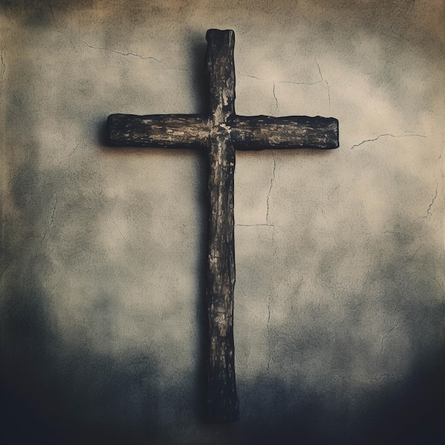 There is a cross on a wall with a grunge background generative ai