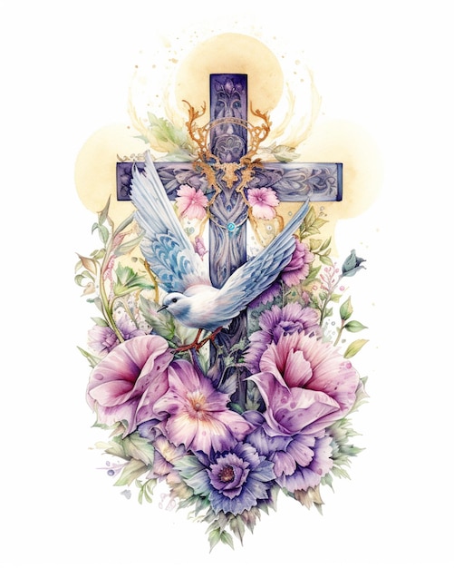 There is a cross with a bird and flowers on it generative ai