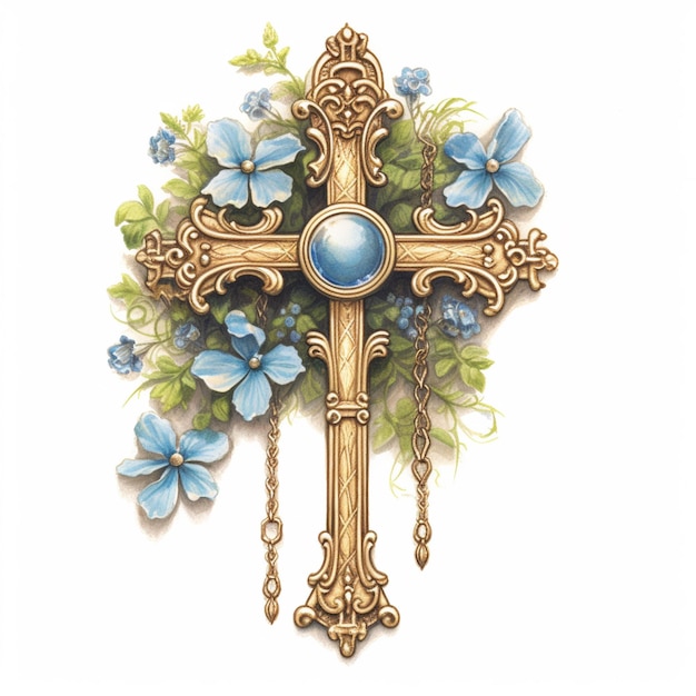 파란 꽃이 있는 십자가와 거기에 매달려 있는 사슬이 있습니다.