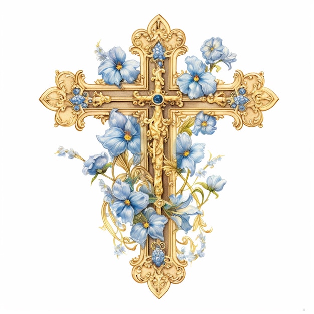 there is a cross with blue flowers on it and a gold cross generative ai