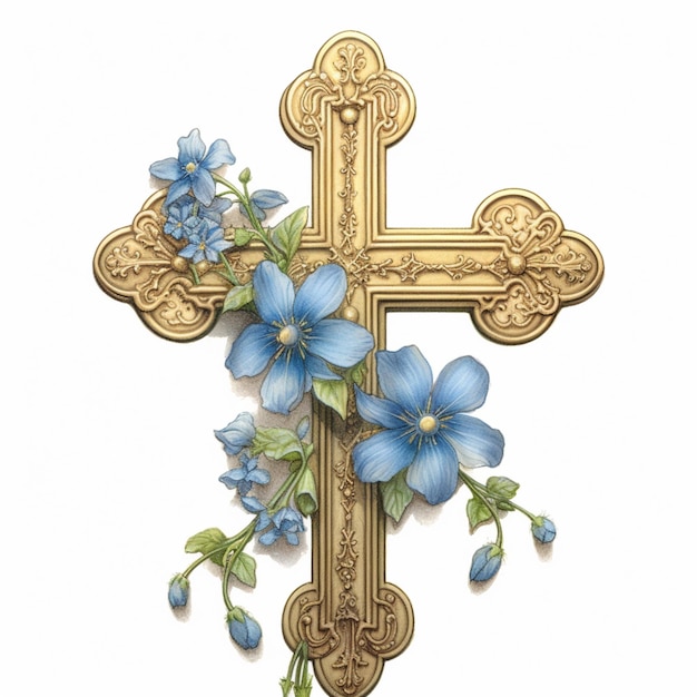 there is a cross with blue flowers on it and a gold cross generative ai