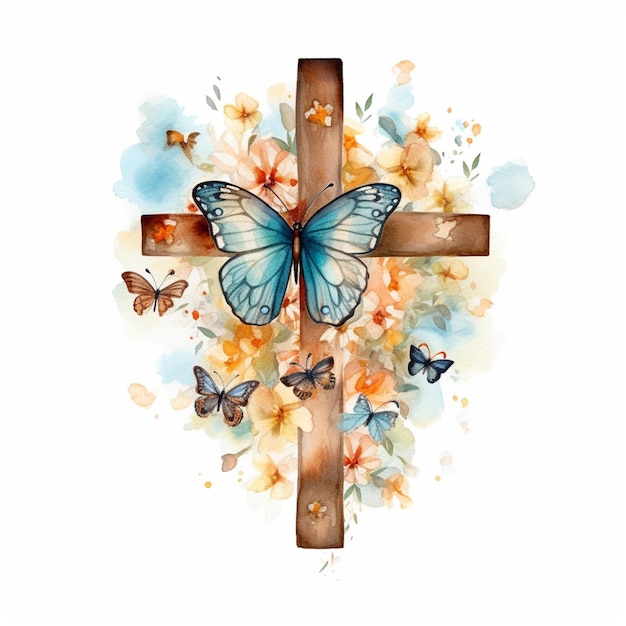 There is a cross with a butterfly on it and flowers generative ai