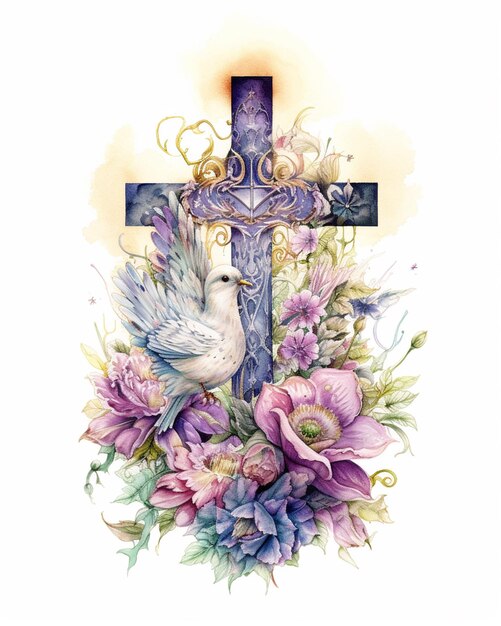 There is a cross with a dove and flowers on it generative ai