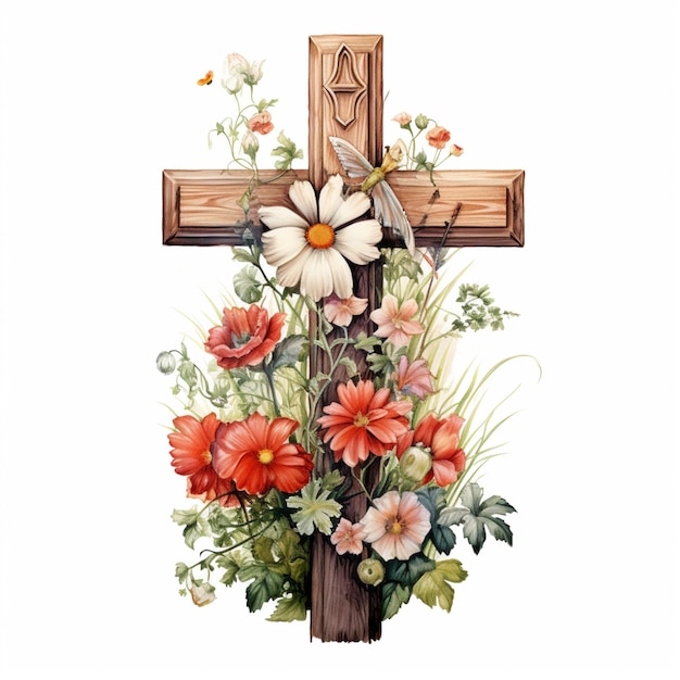 There is a cross with flowers and a bird on it generative ai