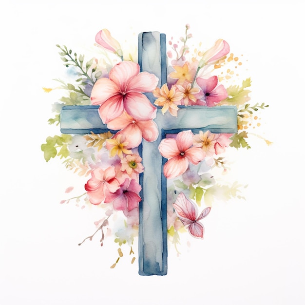 there is a cross with flowers and butterflies on it generative ai