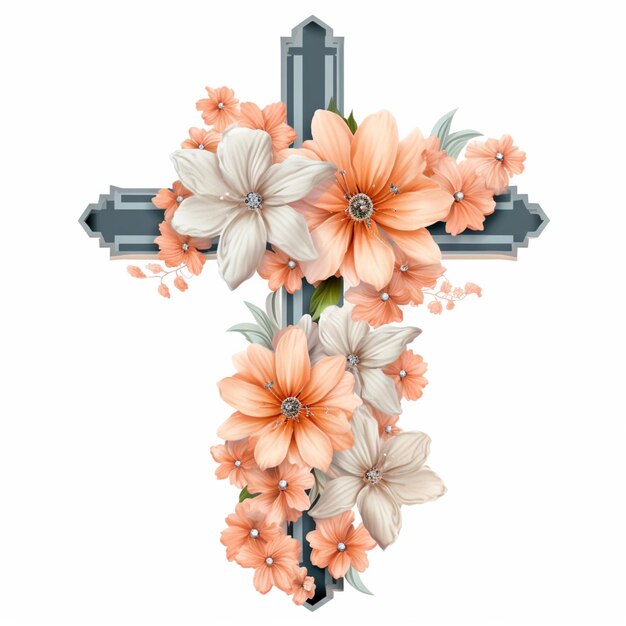 Photo there is a cross with flowers on it and a cross on the side generative ai