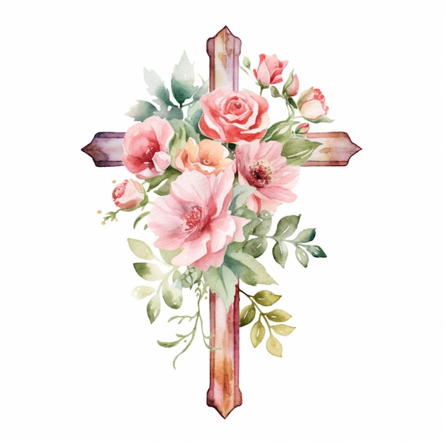 There is a cross with flowers on it and a cross on the side generative ai